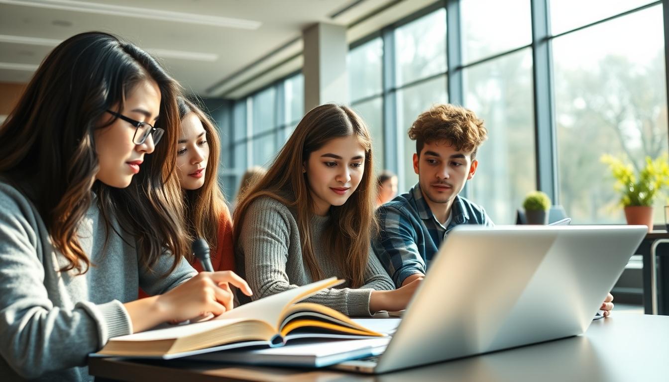 Students studying together in modern classroom